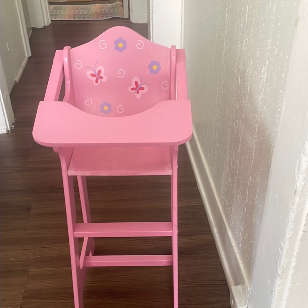 Badger girl Basket Blossoms and Butterflies Doll High Wood Chair. Size 23” X 10”